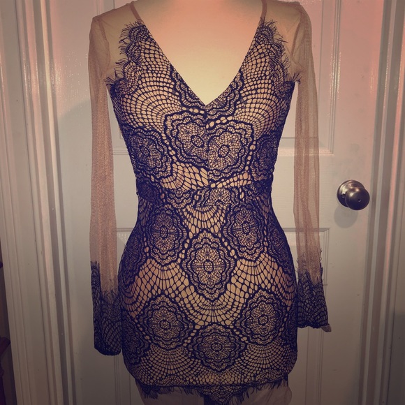Luxxel Dresses & Skirts - {Luxxel} 🍭Long Sleeve Nude Black Lace Mini Dress